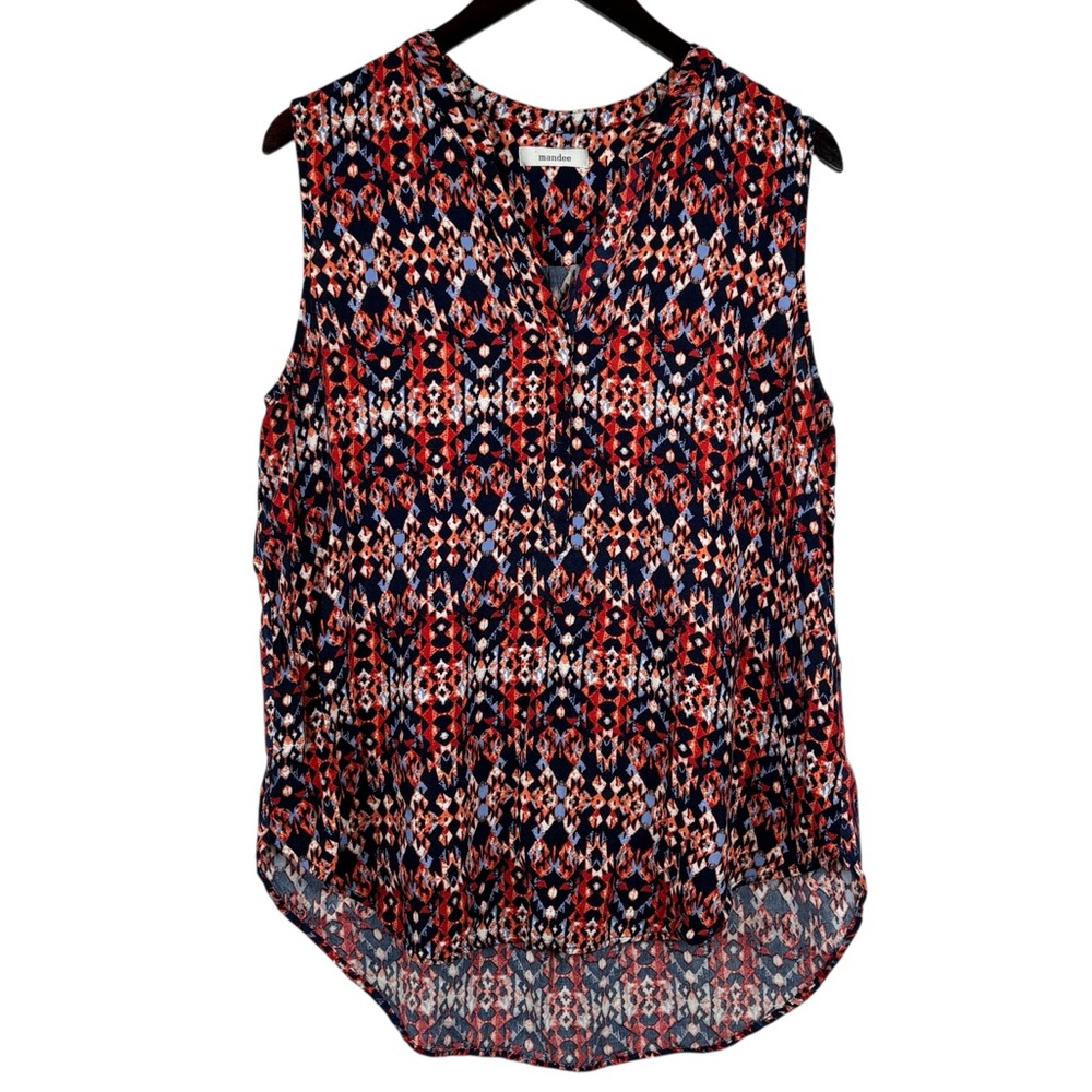 Mandee Red & Blues Geometric Pattern Sleeveless 3/4 Button Down V-Neck Blouse XL - Picture 6 of 6